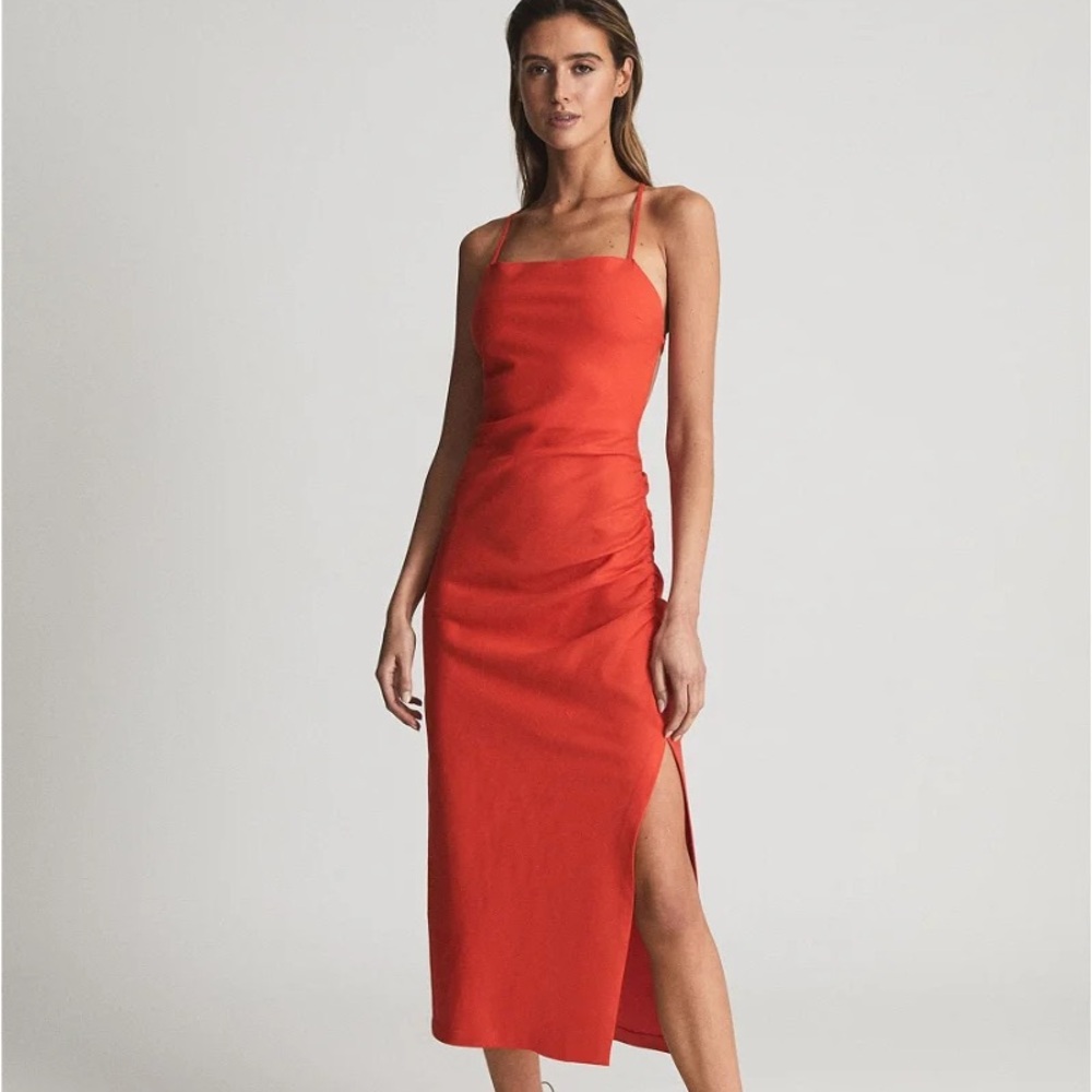Reiss Khalia Stretch Linen Bodycon Midi Dress Linen Blend Red, 6